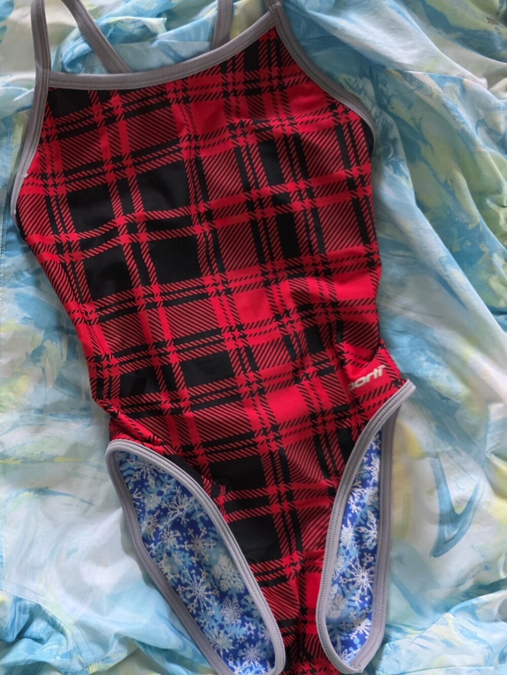 Reversable Sporti Youth Girls One Piece Swimsuit Sz 26 / 26Y Plaid OR Blue